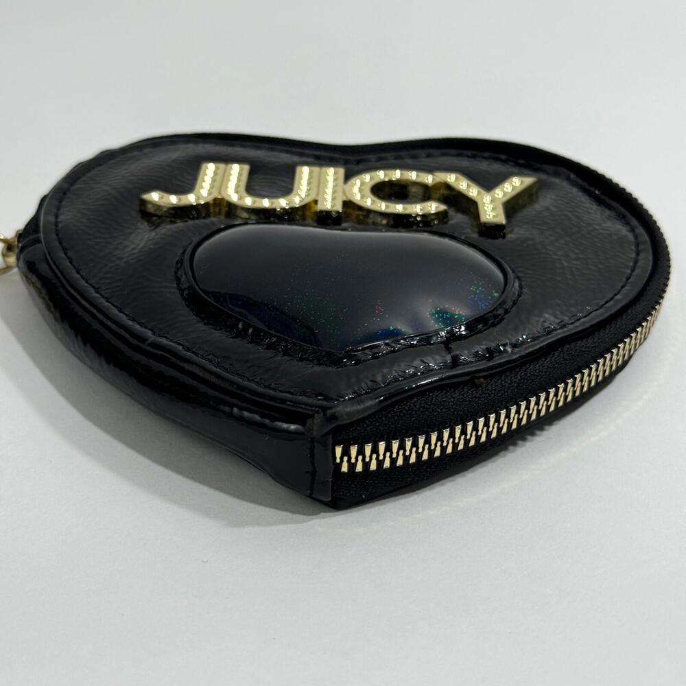 Juicy Couture Black Patent Faux Leather Zip Around Heart Shaped Coin Purse - Picture 2 of 7